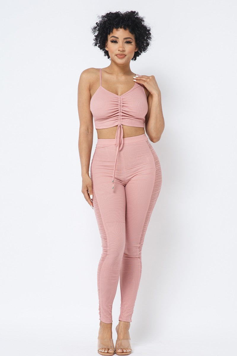 Women's Mesh Strappy Adjustable Ruched Crop Top With Matching See Through Side Panel Leggings