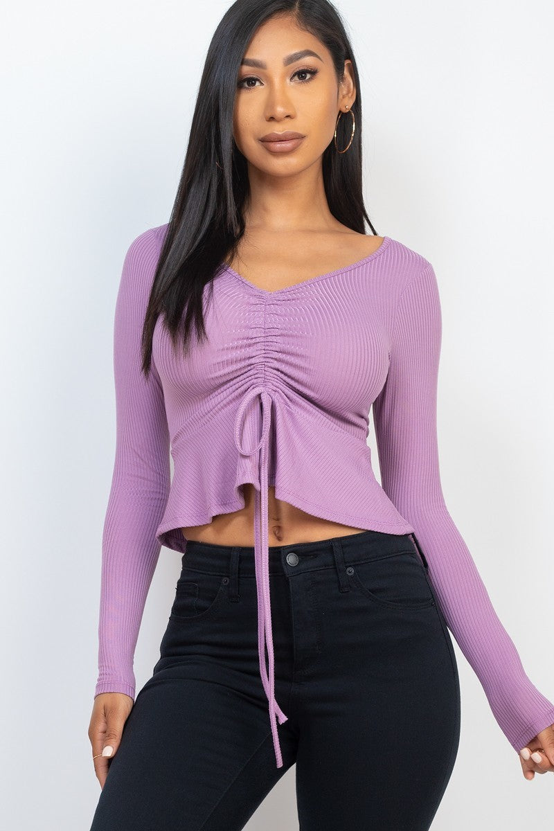 Women's Ribbed Drawstring Front Long Sleeve Peplum Top