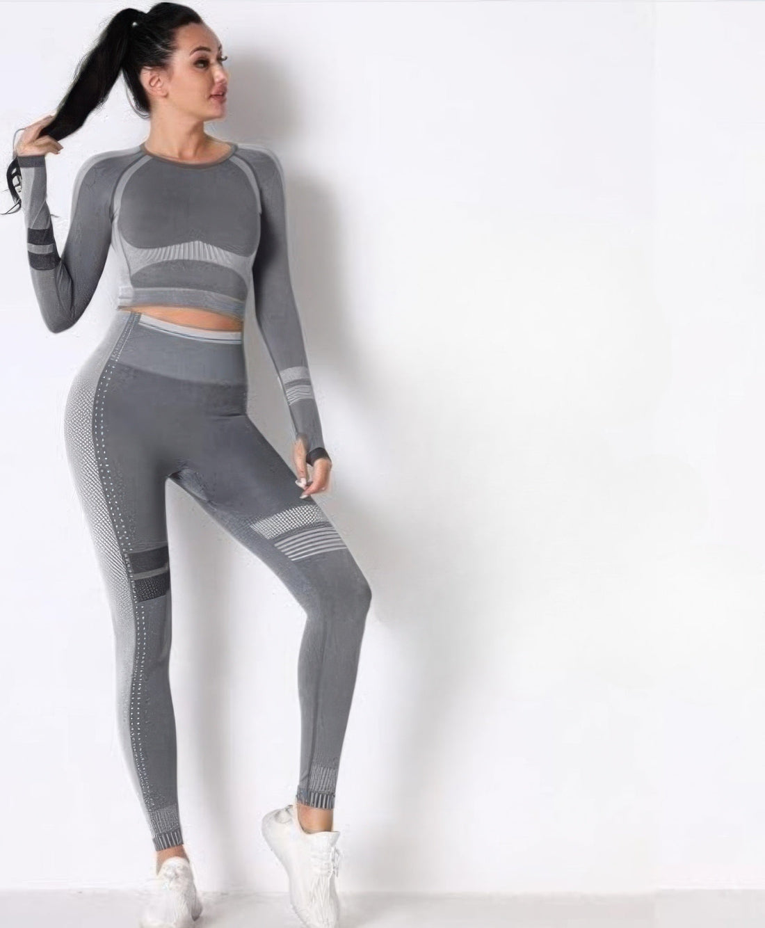 Women's Seamless Long Sleeve Solid Yoga Set-Gray