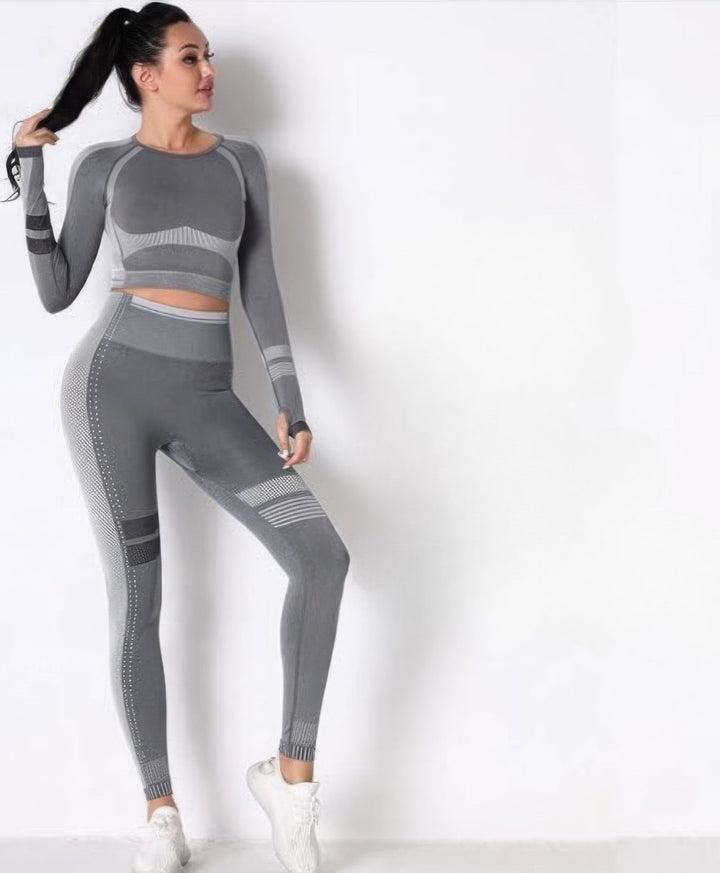 Women's Seamless Long Sleeve Solid Yoga Set-Gray