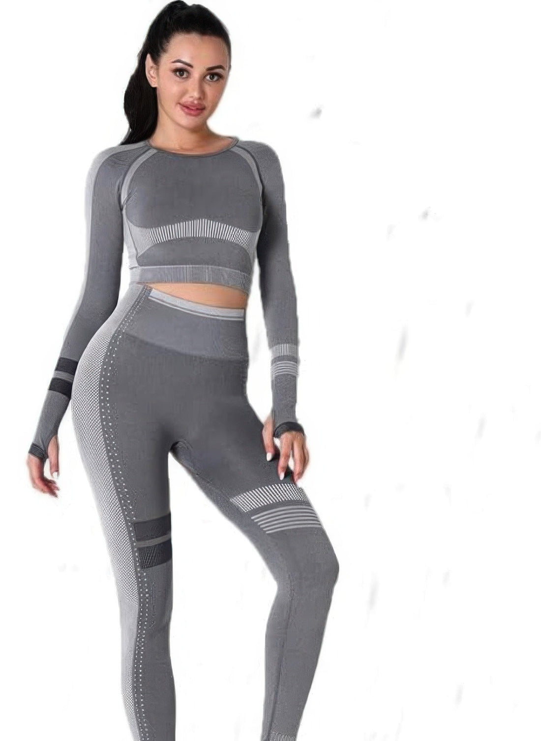 Women's Seamless Long Sleeve Solid Yoga Set-Gray