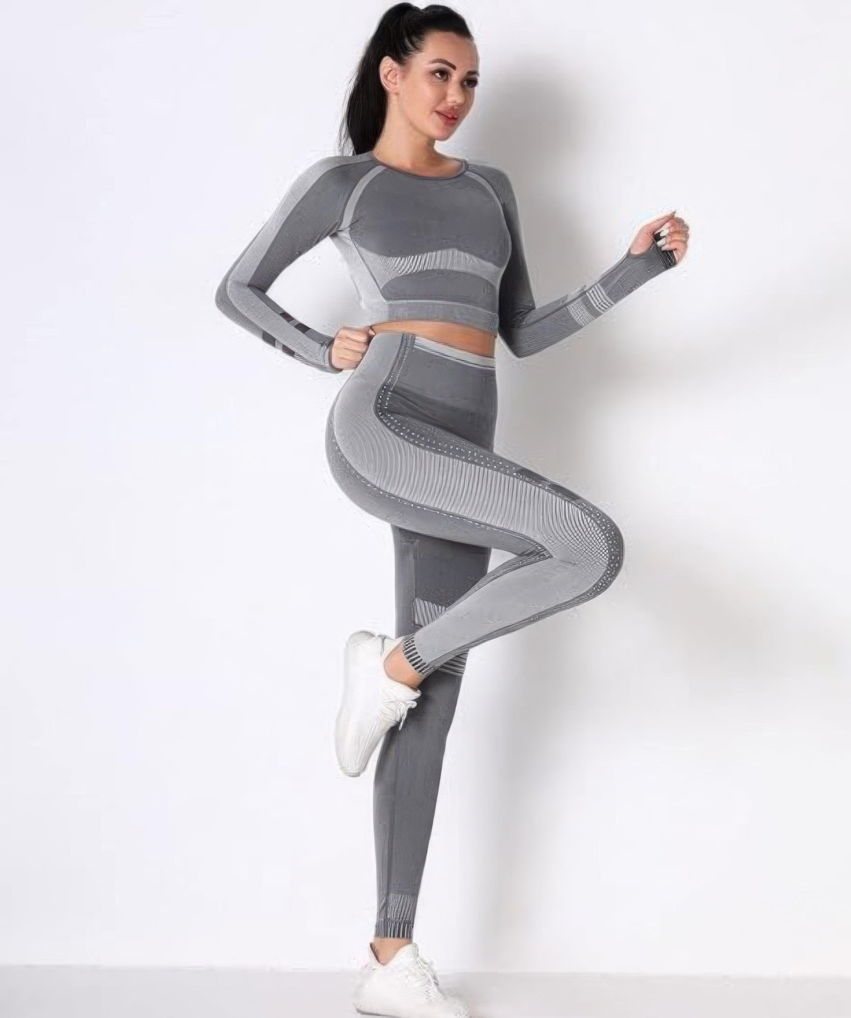 Women's Seamless Long Sleeve Solid Yoga Set-Gray
