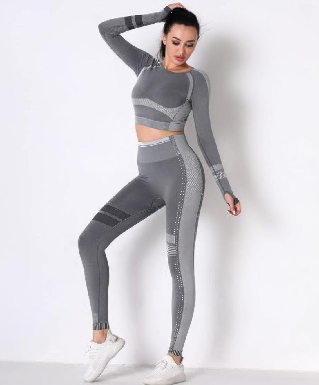 Women's Seamless Long Sleeve Solid Yoga Set-Gray