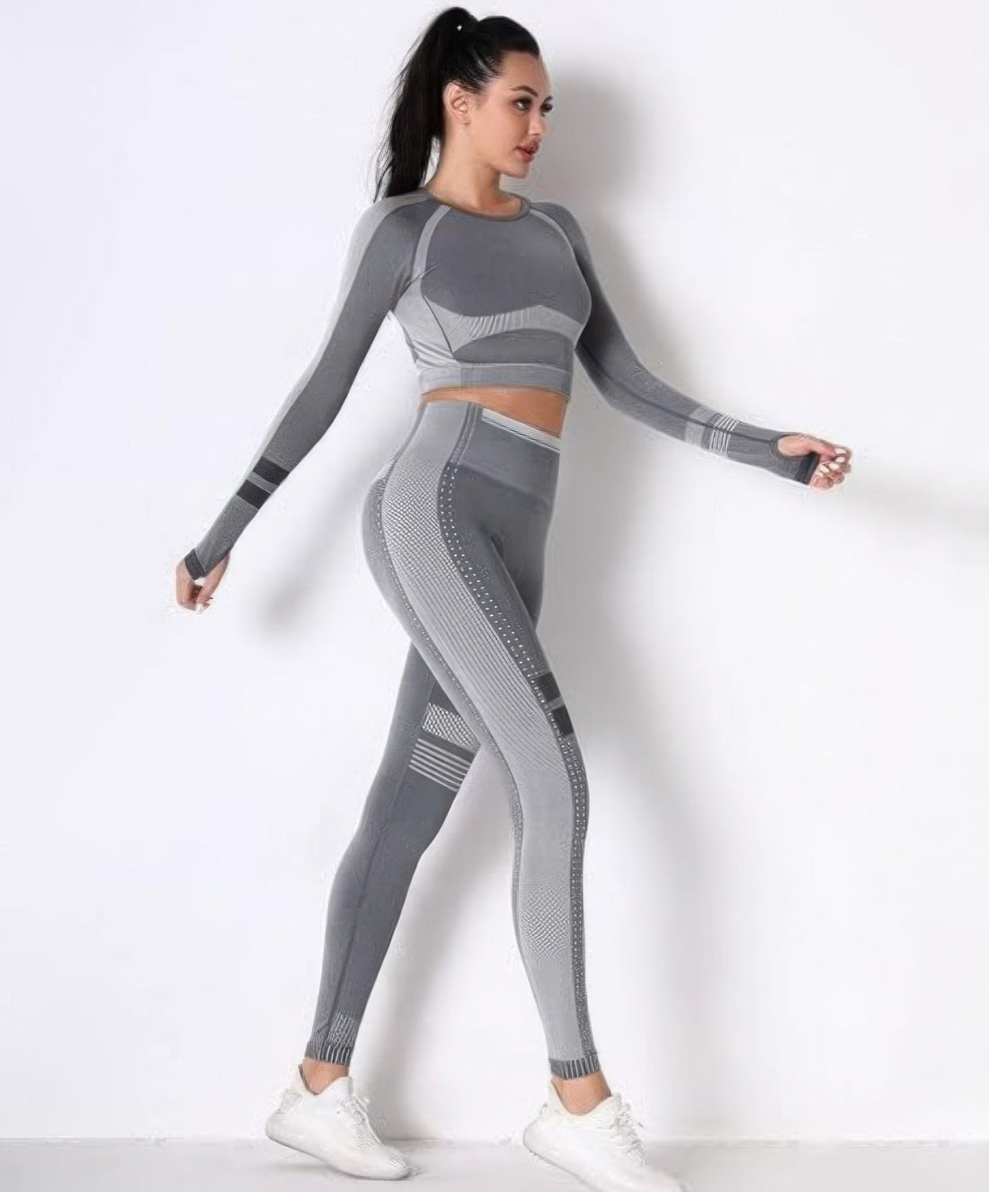 Women's Seamless Long Sleeve Solid Yoga Set-Gray
