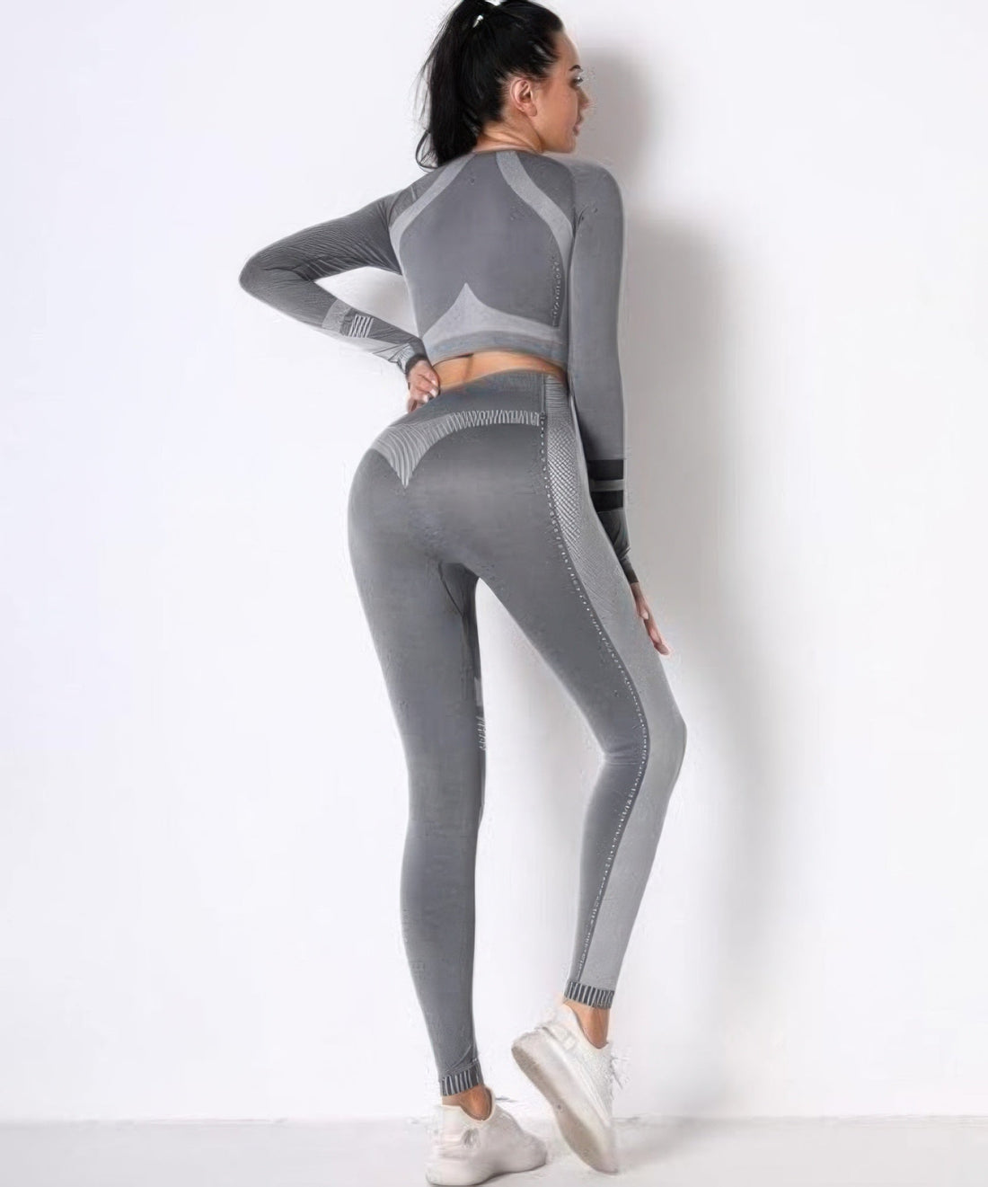 Women's Seamless Long Sleeve Solid Yoga Set-Gray