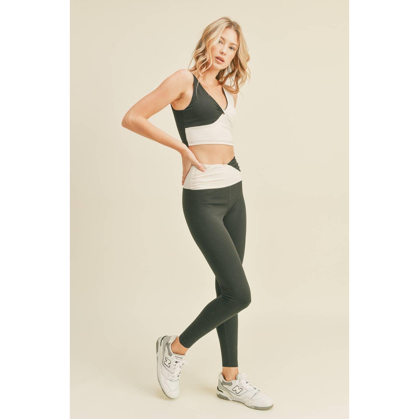 Women's Color Block Front-Twist Top & Leggings Set