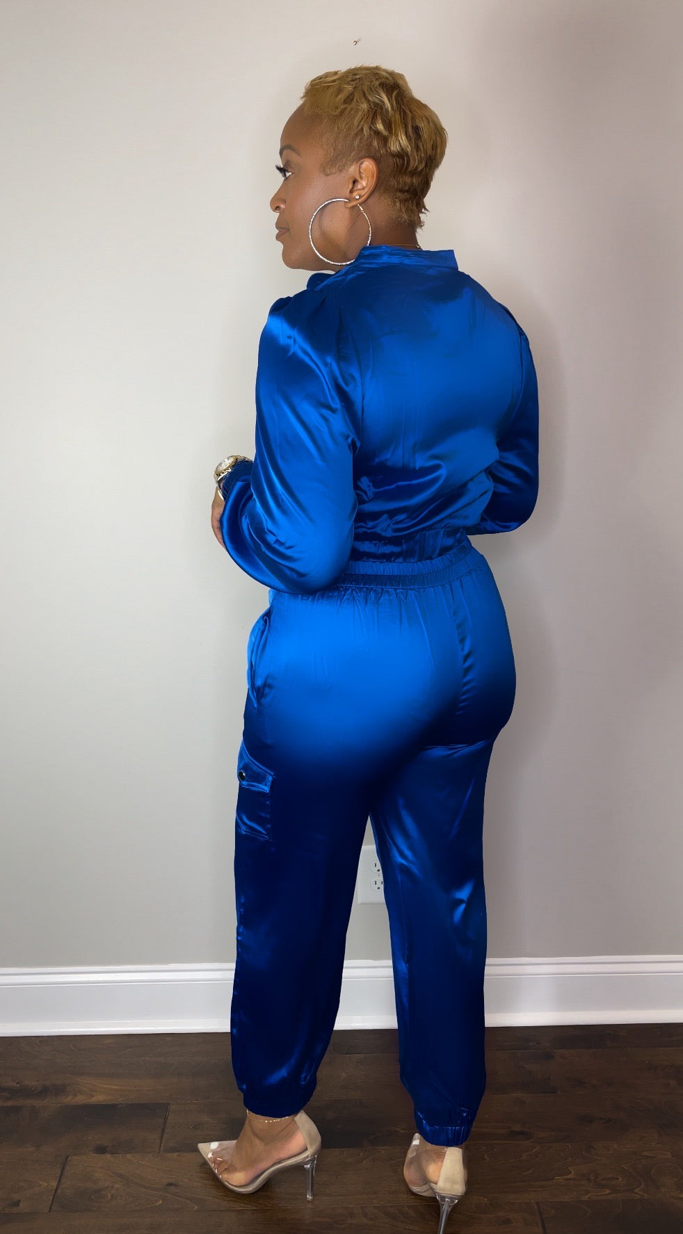Women's Blue Satin Cargo Jogger Set