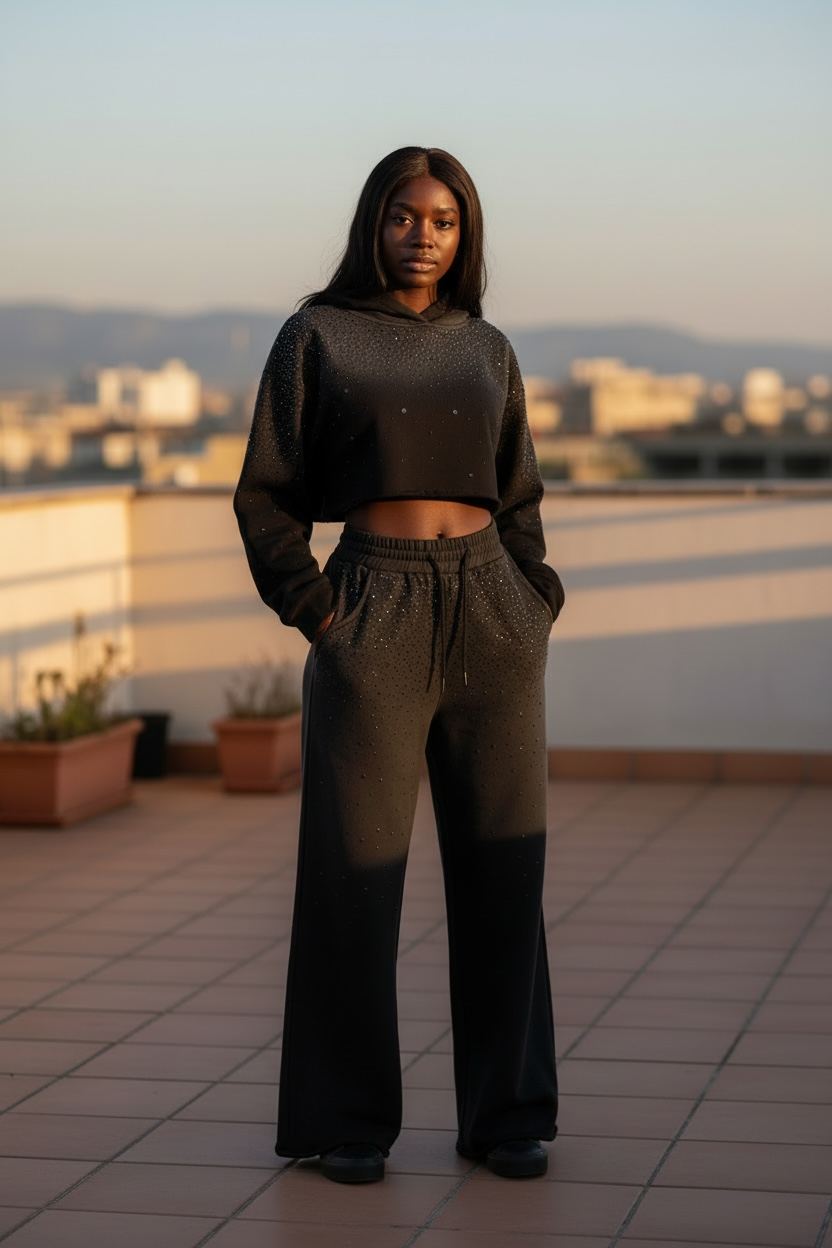 Women's Rhinestone Ombre Cropped Hoodie Set