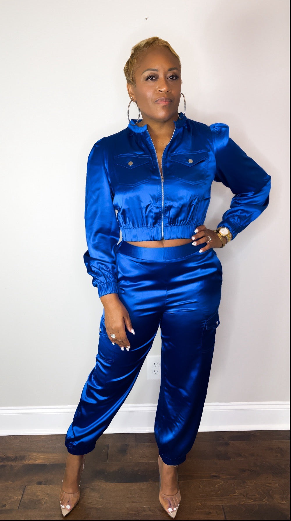 Women's Blue Satin Cargo Jogger Set
