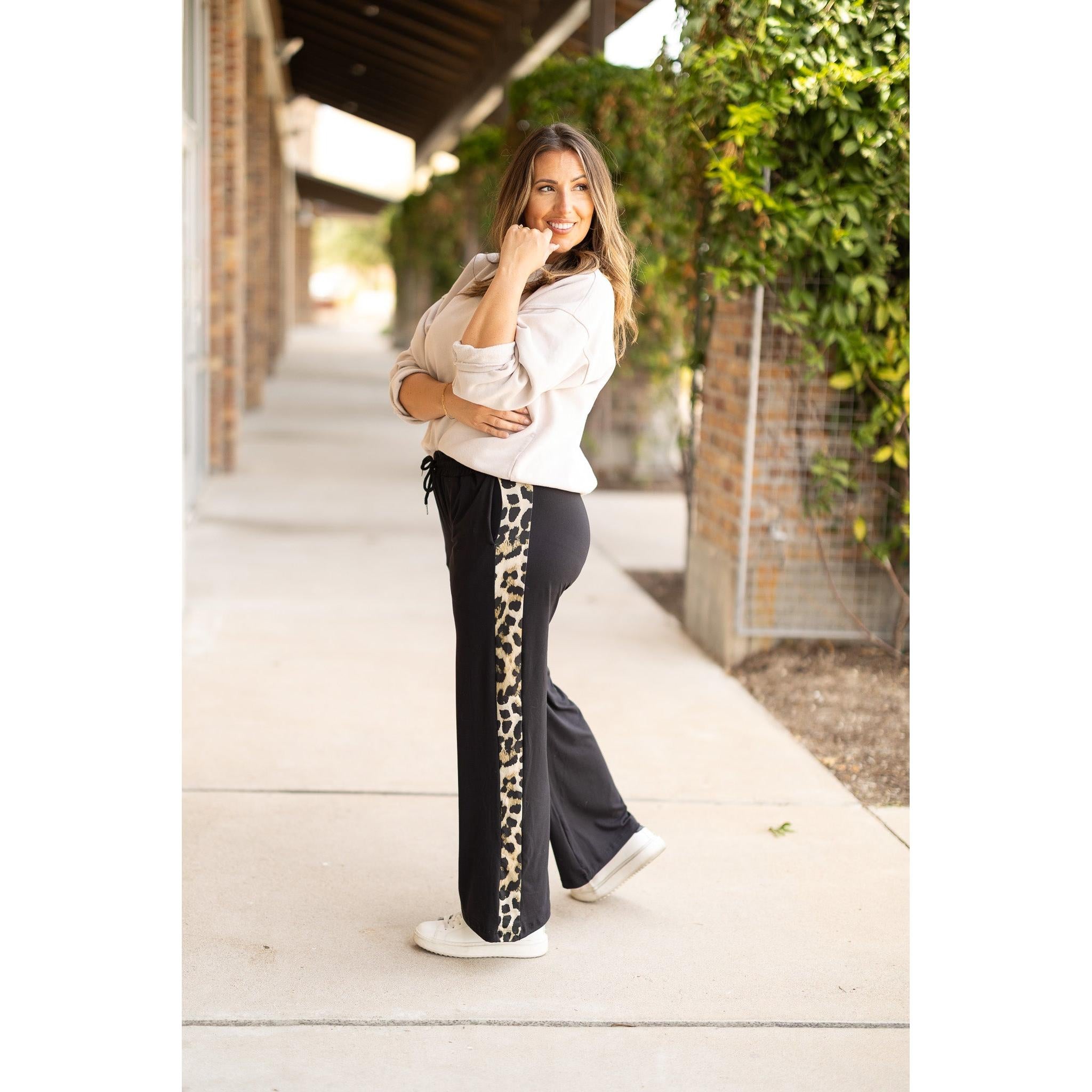 Women's Chelsea - Black Wide Leg with Leopard Panel Loungers