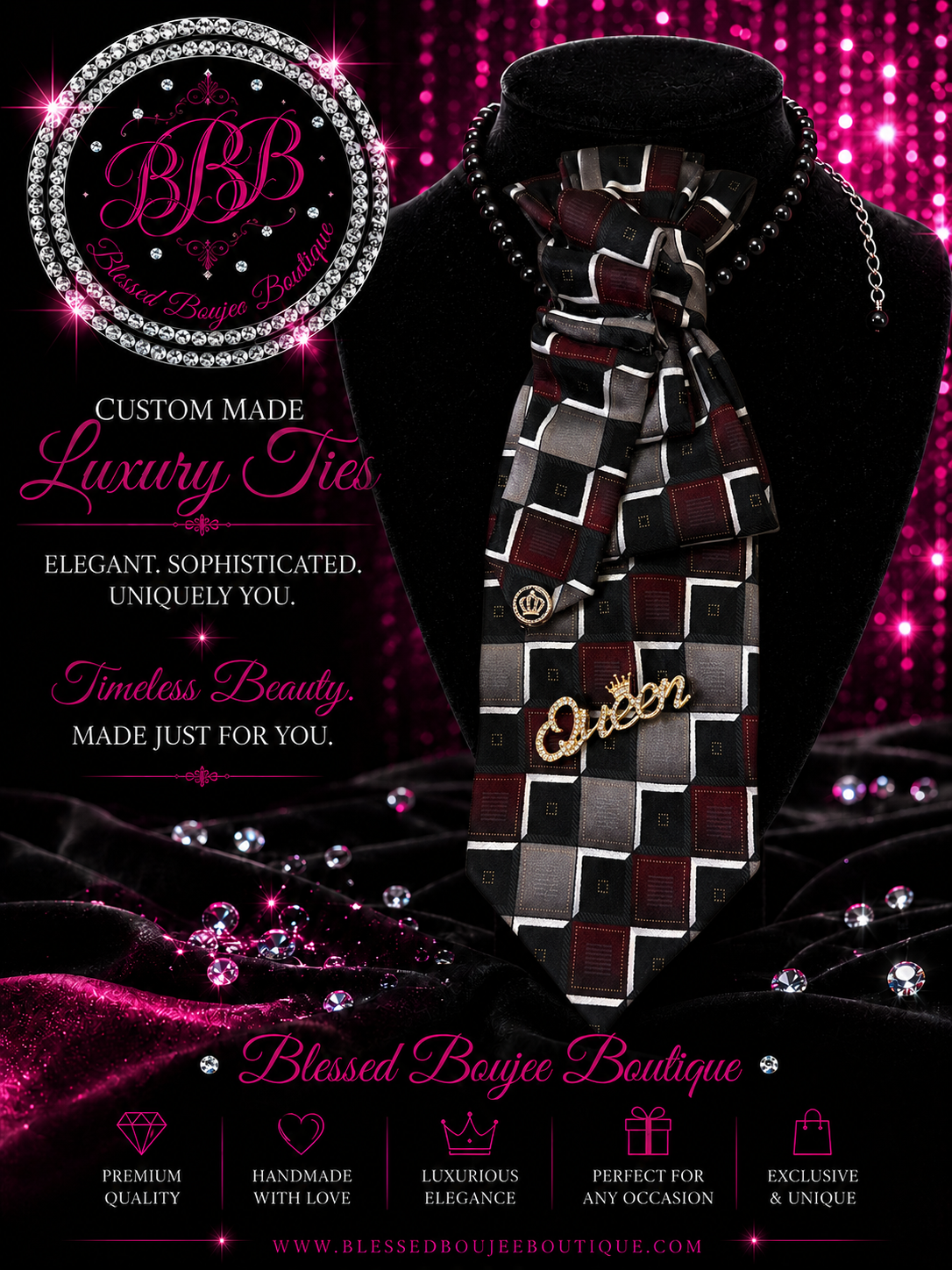 Women's Luxury Golden Maroon Queen Necktie Necklace