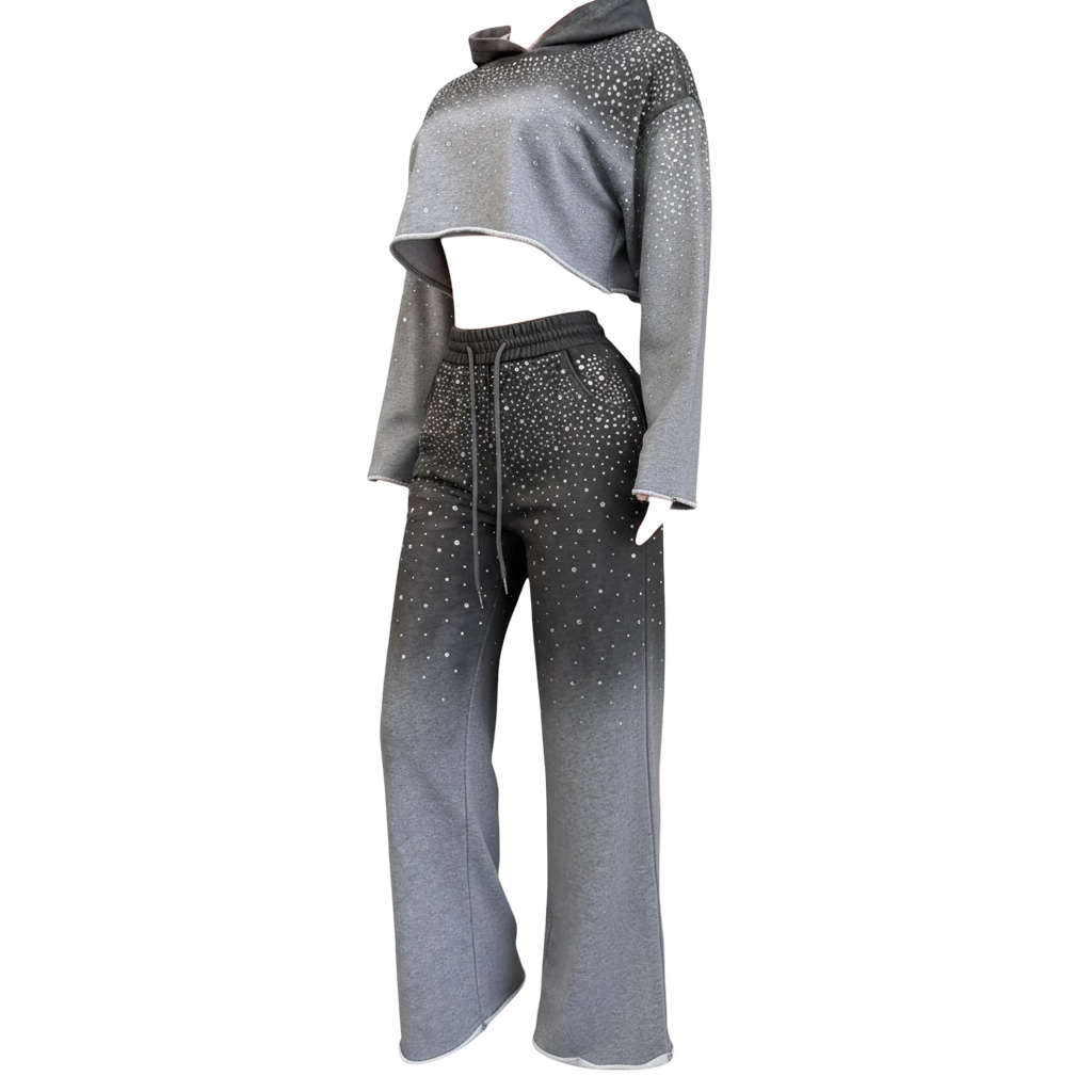 Women's Rhinestone Ombre Cropped Hoodie Set