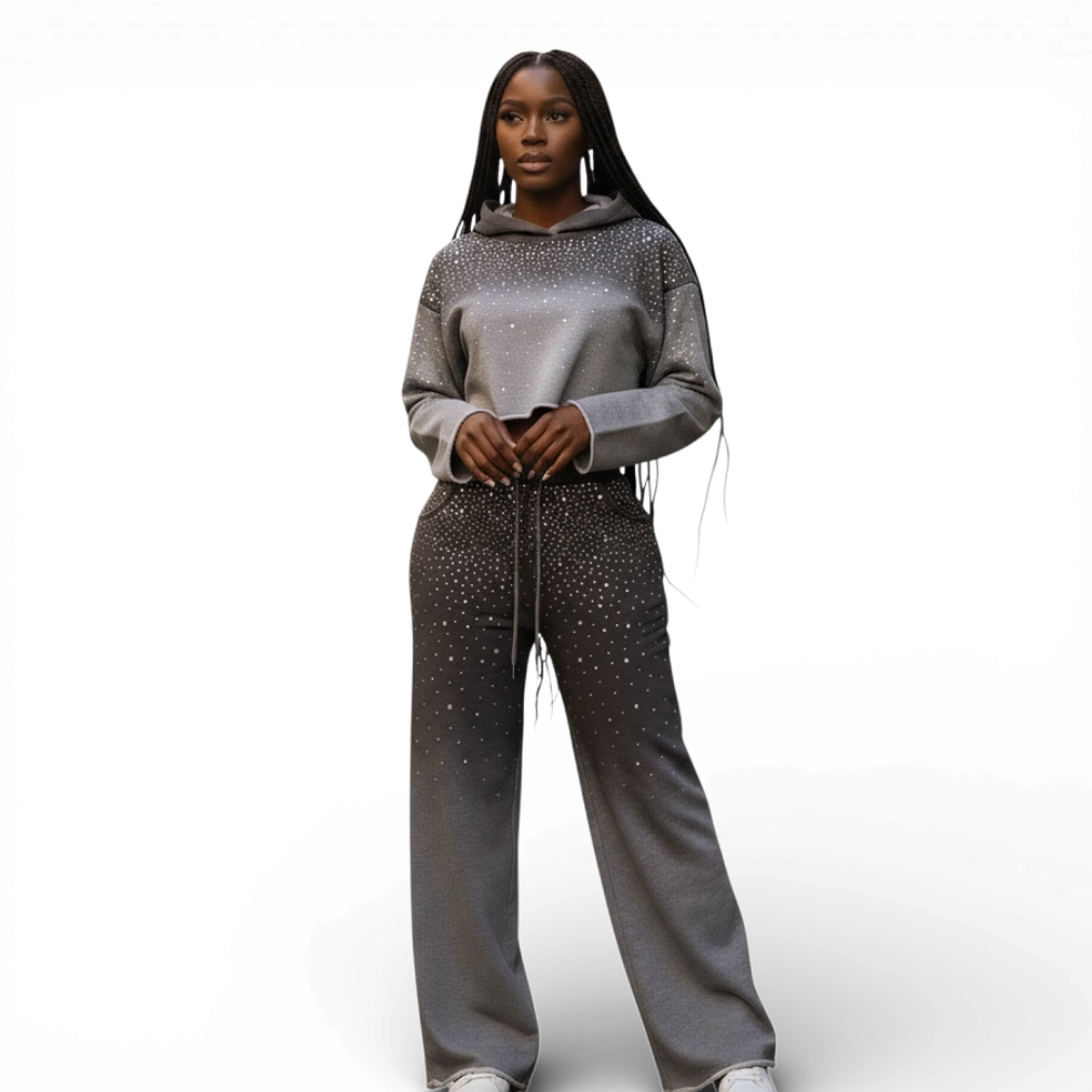 Women's Rhinestone Ombre Cropped Hoodie Set