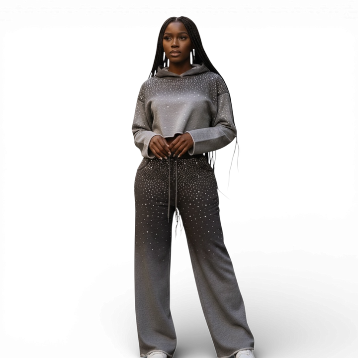 Women's Rhinestone Ombre Cropped Hoodie Set