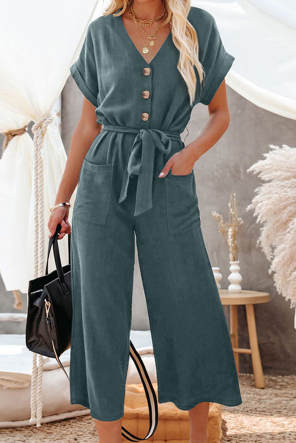 Women's Maggie-Blue Dolman Button Belted V-Neck Wide Leg Pocketed Jumpsuit
