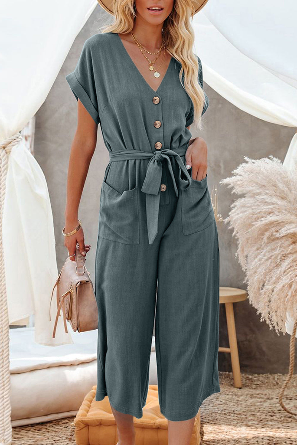 Women's Maggie-Blue Dolman Button Belted V-Neck Wide Leg Pocketed Jumpsuit