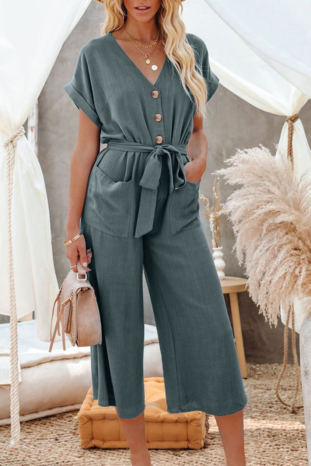 Women's Maggie-Blue Dolman Button Belted V-Neck Wide Leg Pocketed Jumpsuit