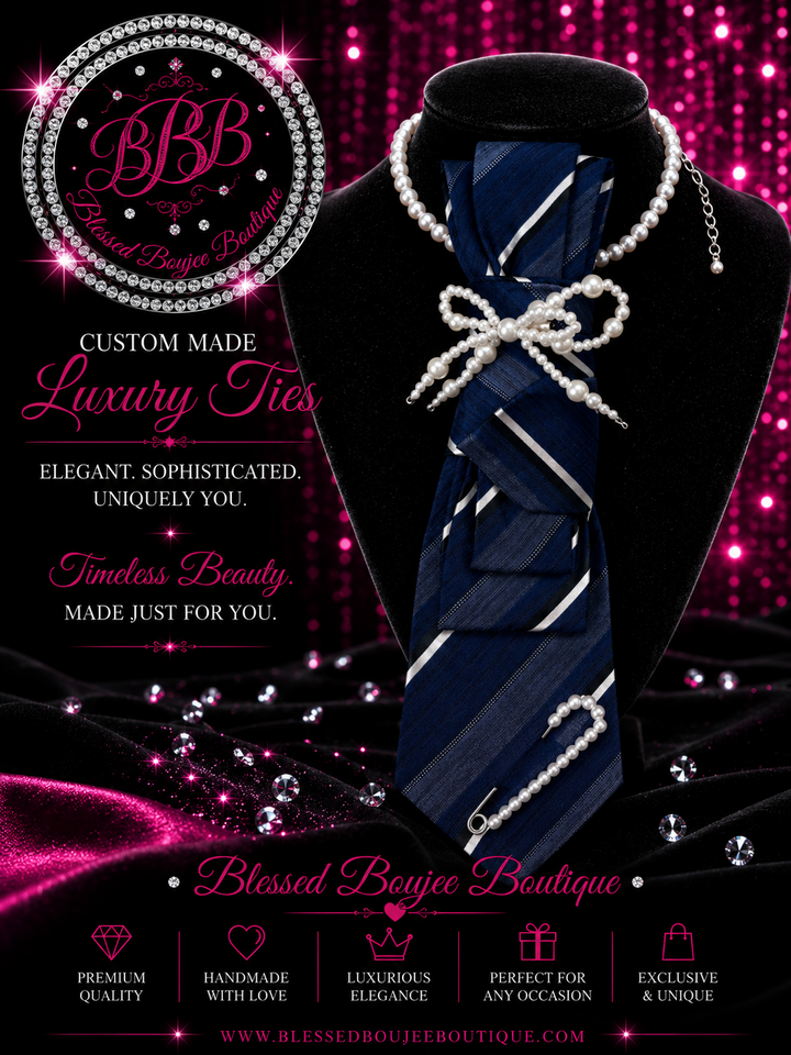 Women's Luxury Pearl Navy Striped Necktie Necklace
