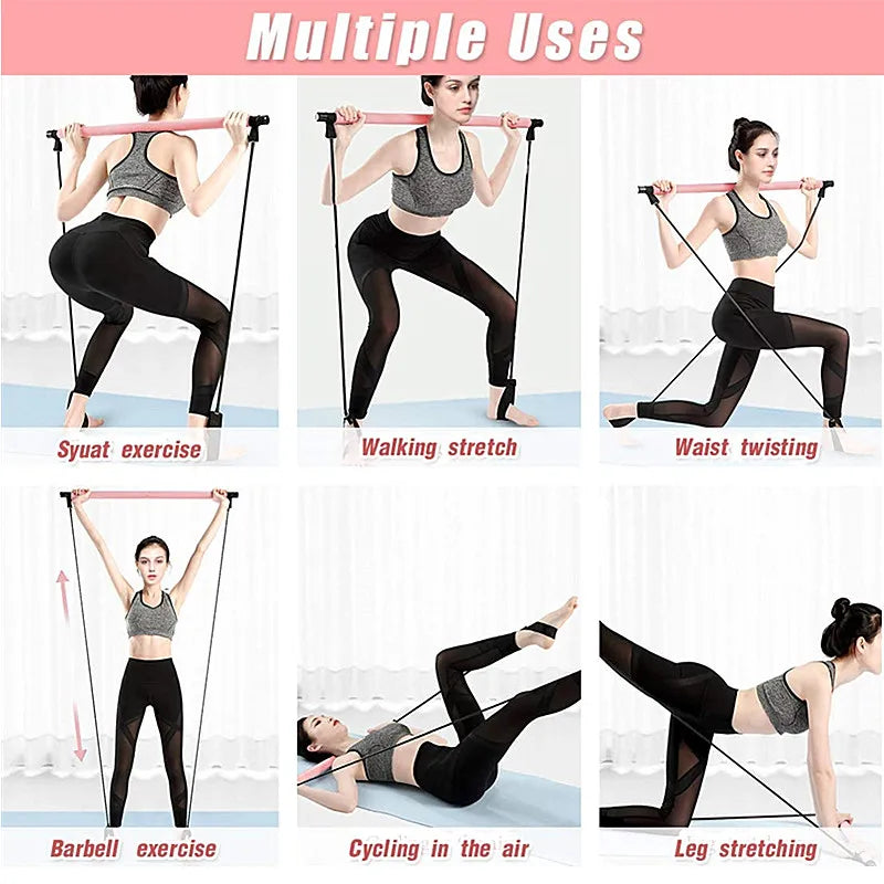 Portable Yoga Pilates Muscle Toning Bar Stick with Resistance Bands