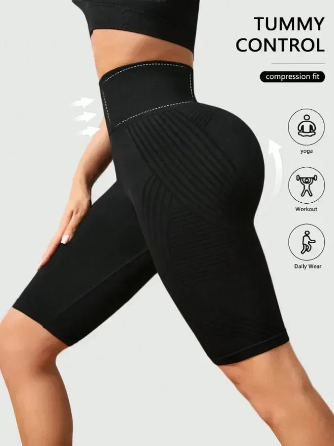 Women‘s Seamless Yoga Shorts High Waisted Striped Slim Shorts Sexy Butt Lifting Gym Training High Elastic Five Point Pants
