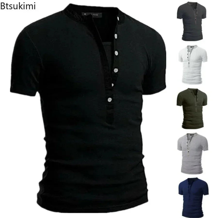 Men's Summer Casual Solid V-neck Button Slim Fit T-Shirts