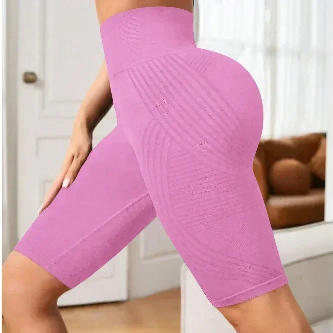 Women‘s Seamless Yoga Shorts High Waisted Striped Slim Shorts Sexy Butt Lifting Gym Training High Elastic Five Point Pants