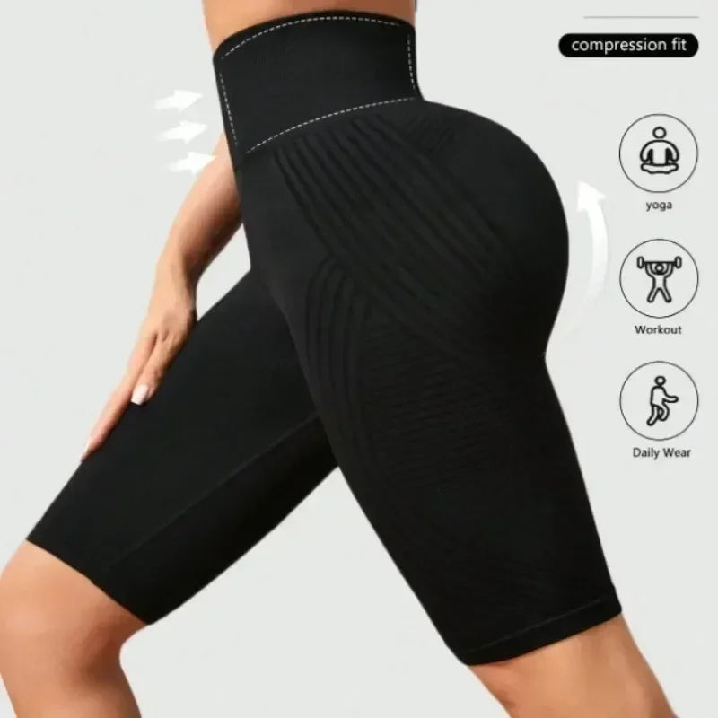 Women‘s Seamless Yoga Shorts High Waisted Striped Slim Shorts Sexy Butt Lifting Gym Training High Elastic Five Point Pants