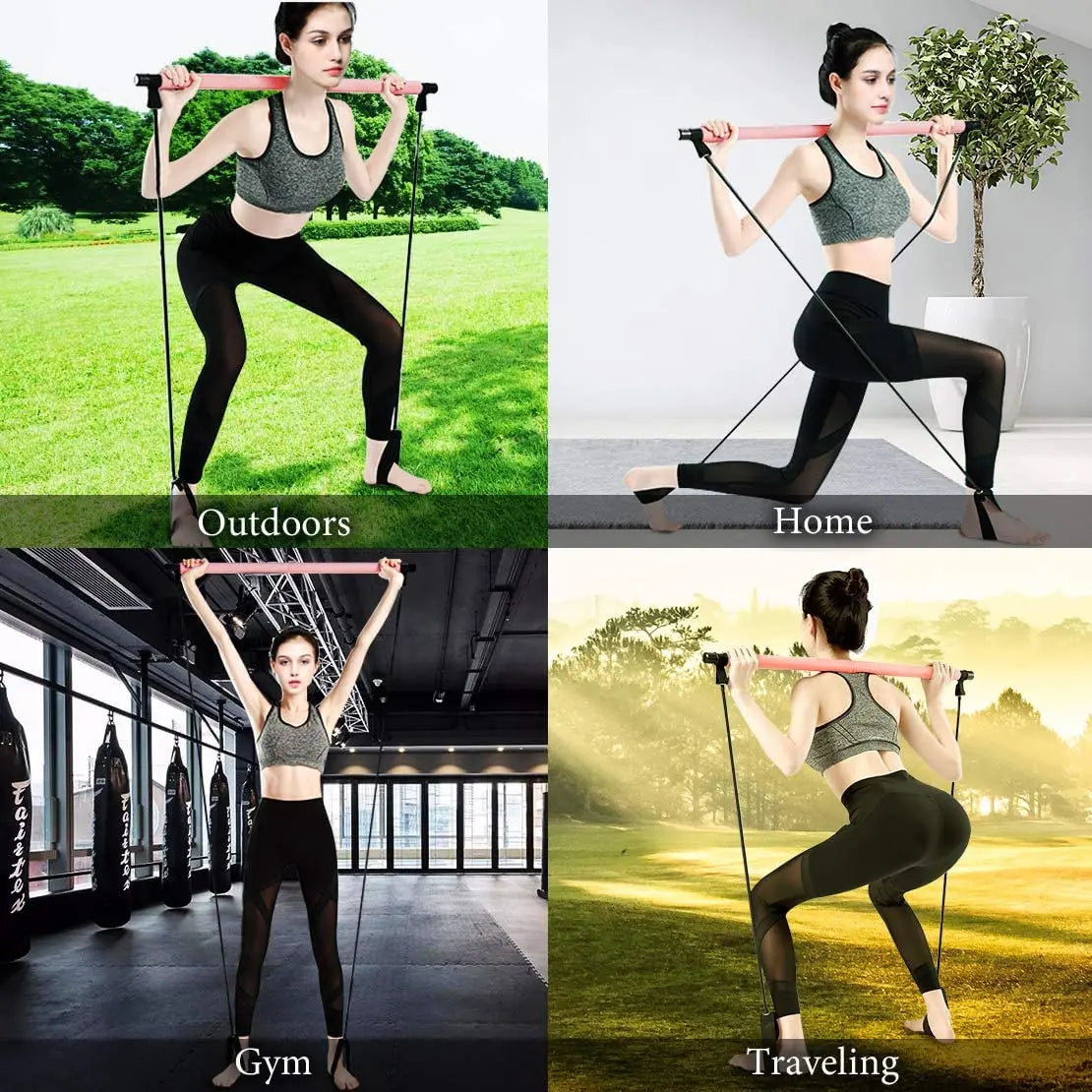 Portable Yoga Pilates Muscle Toning Bar Stick with Resistance Bands