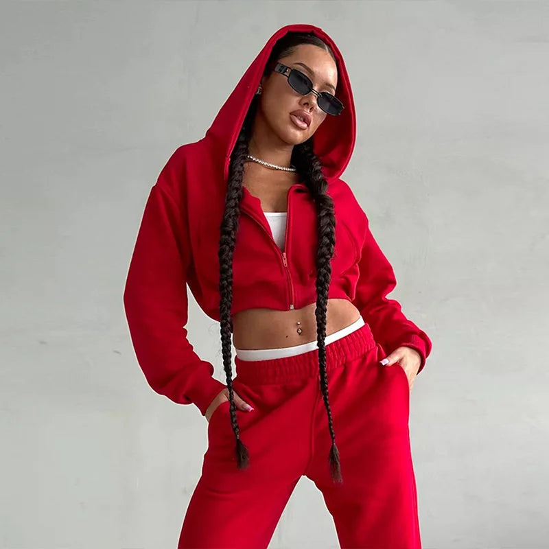 Women's Two-Piece High-waist Casual Hoodie/Trousers Set