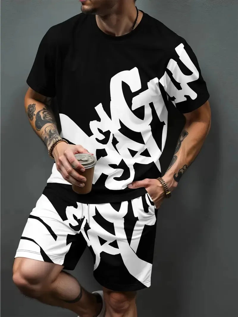 Men's Street Casual 3D Letter Shorts Suit