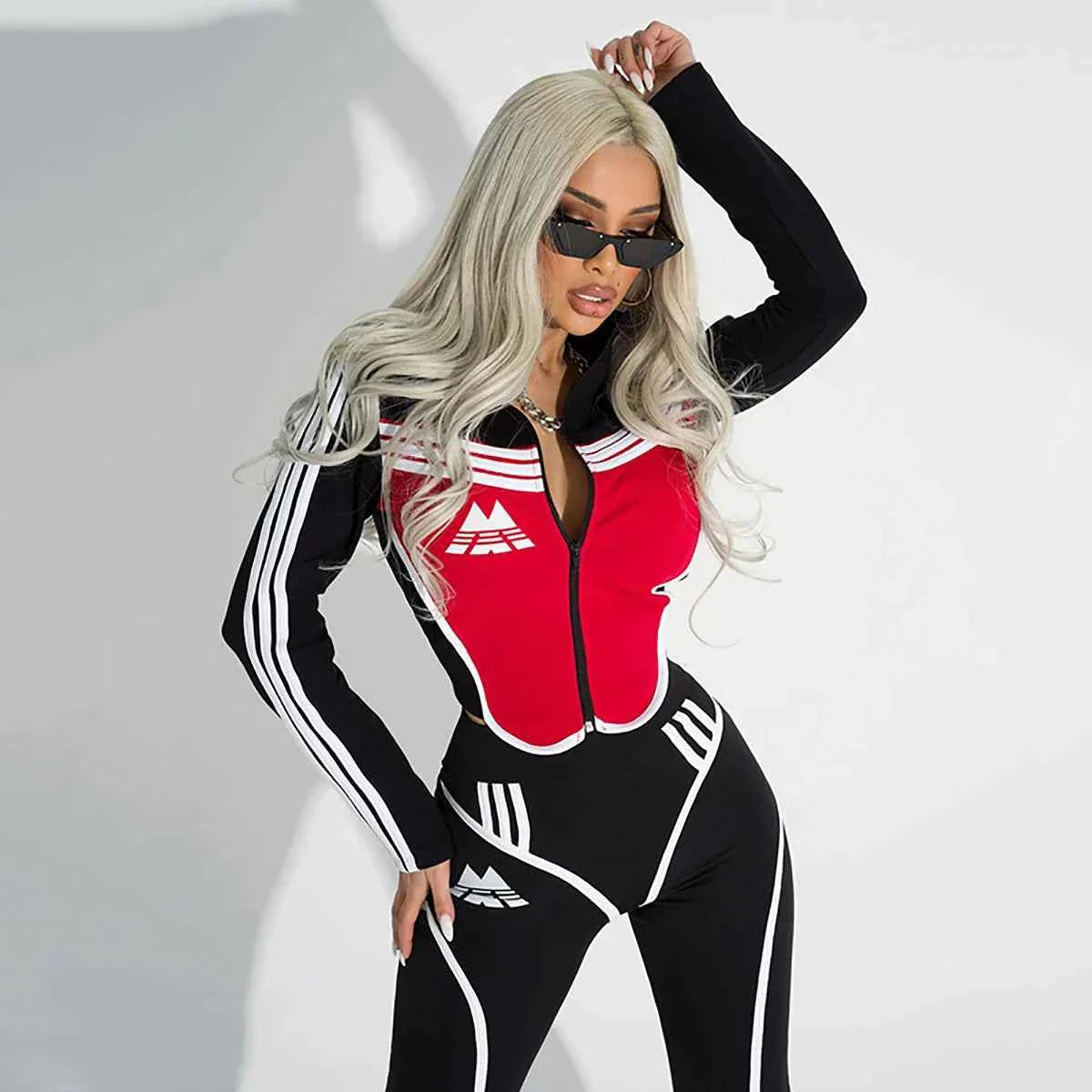 Women's Striped Color Block Yoga Set with Zipper Top