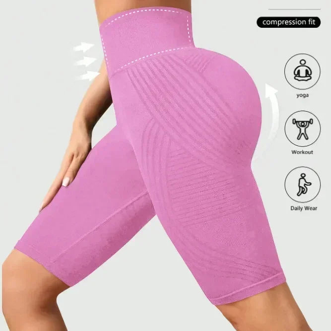 Women‘s Seamless Yoga Shorts High Waisted Striped Slim Shorts Sexy Butt Lifting Gym Training High Elastic Five Point Pants