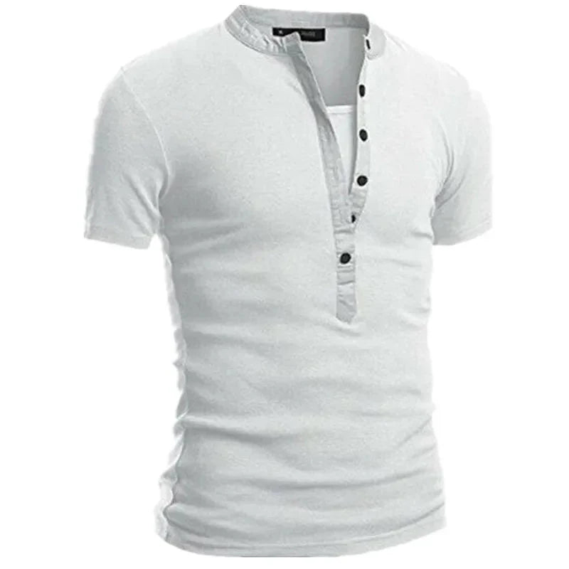 Men's Summer Casual Solid V-neck Button Slim Fit T-Shirts