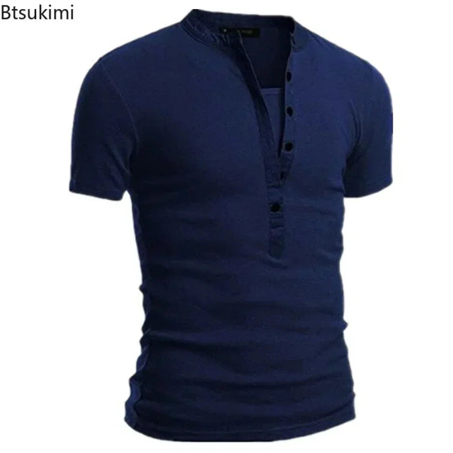 Men's Summer Casual Solid V-neck Button Slim Fit T-Shirts