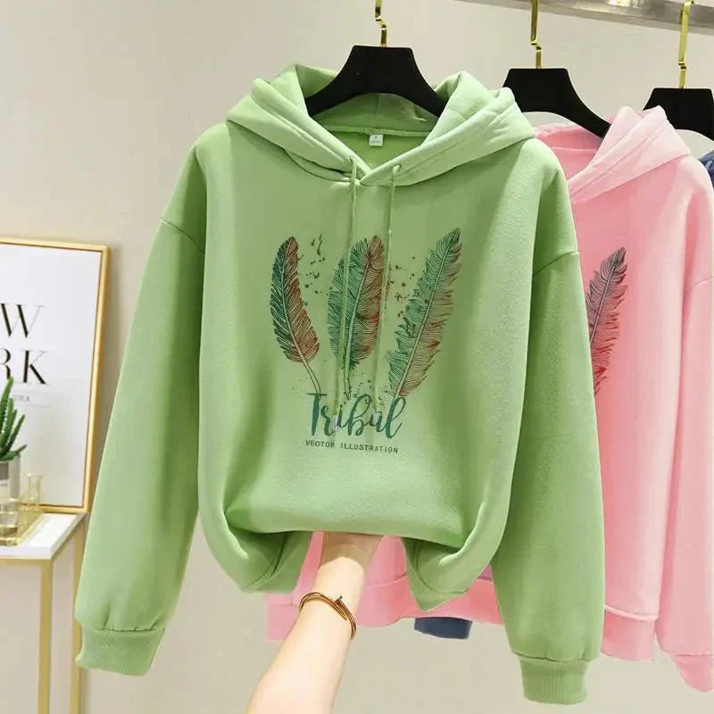 Women’s Feather Print Loose Fit Hoodie
