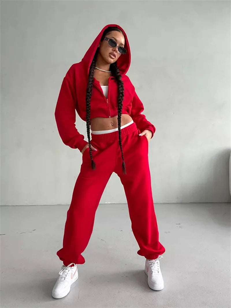 Women's Two-Piece High-waist Casual Hoodie/Trousers Set