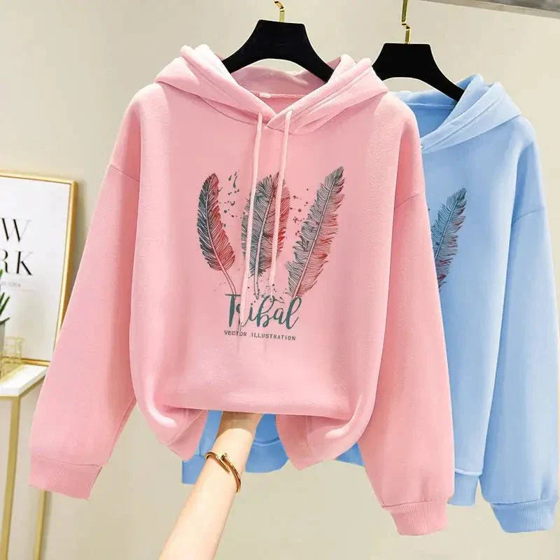 Women’s Feather Print Loose Fit Hoodie