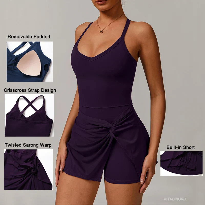 EcoSport Femme: Women's V-Neck Tennis Dress w/ Bra & Shorts