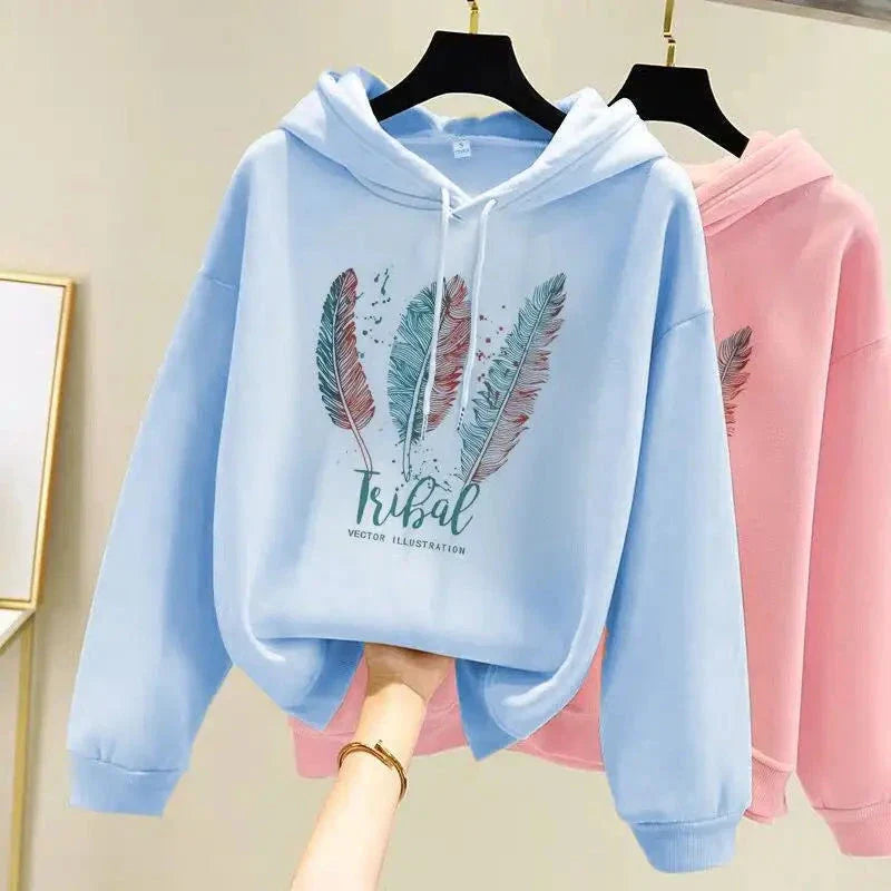 Women’s Feather Print Loose Fit Hoodie