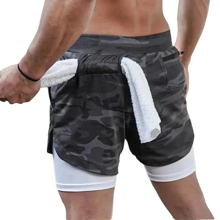 Men’s 2-in-1 Camo Running Shorts — Quick-Dry Training Shorts with Inner Compression Layer