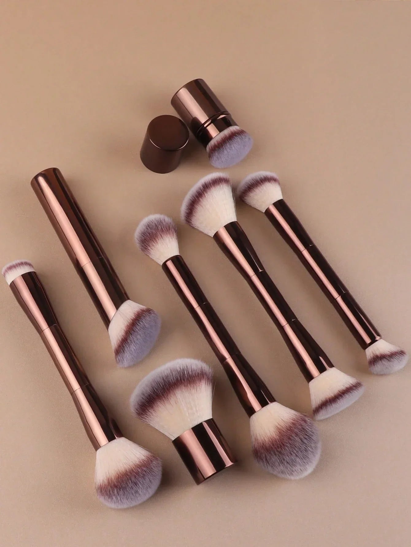 7pcs Professional Makeup Brush Set, Includes: 4pcs Dual-Ended Face Brushes, 1pc Angled Brush, 1pc Short Handle Foundation Brush,