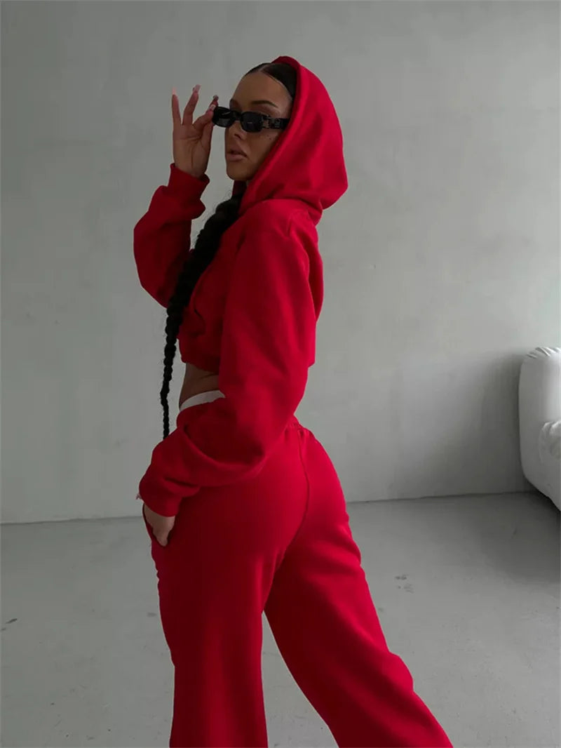 Women's Two-Piece High-waist Casual Hoodie/Trousers Set