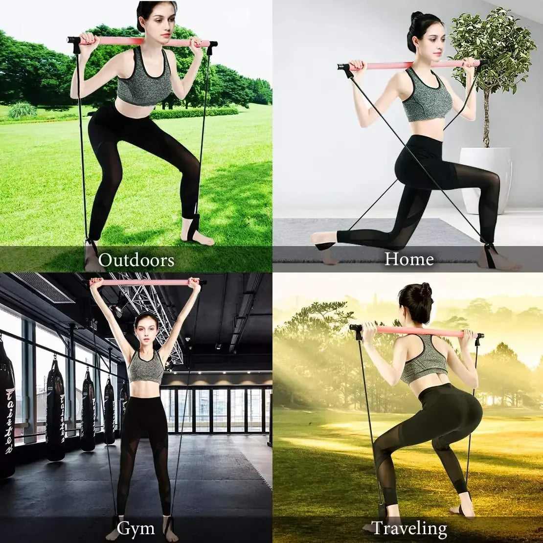 Portable Yoga Pilates Bar Stick with Resistance Band Muscle Toning Bar Home Workout