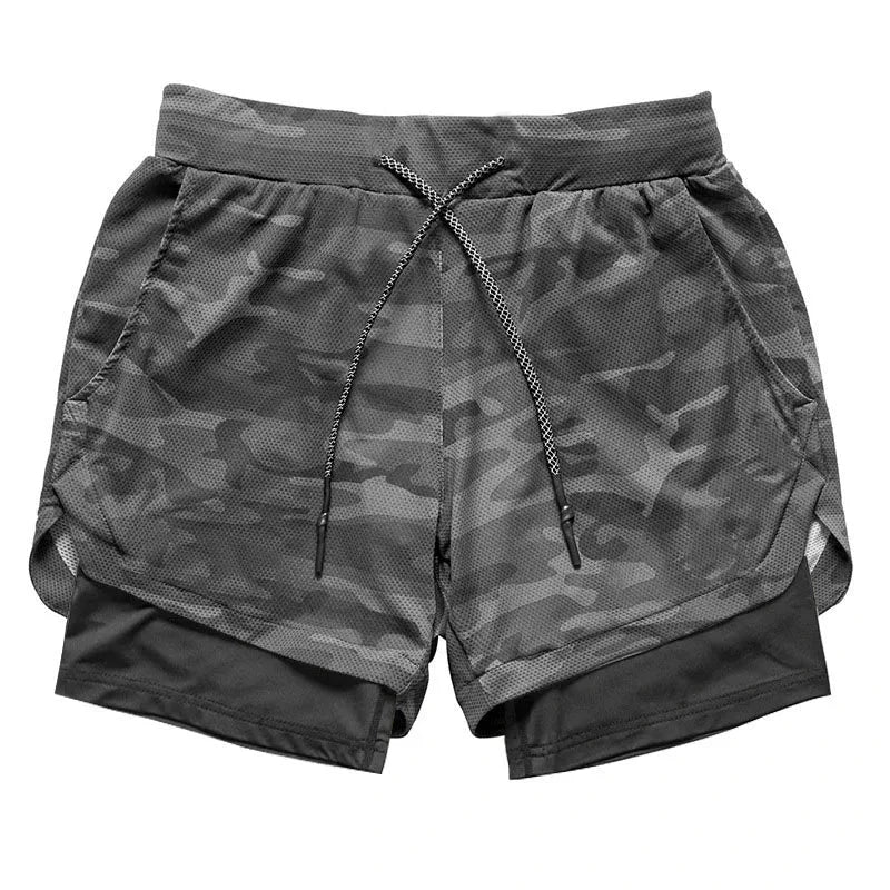 Men’s 2-in-1 Camo Running Shorts — Quick-Dry Training Shorts with Inner Compression Layer