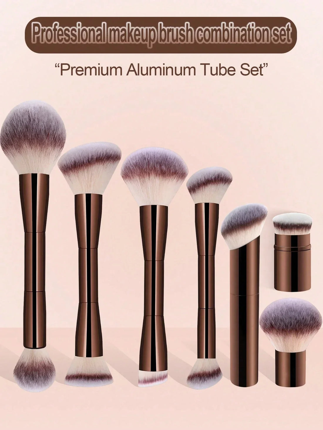7pcs Professional Makeup Brush Set, Includes: 4pcs Dual-Ended Face Brushes, 1pc Angled Brush, 1pc Short Handle Foundation Brush,