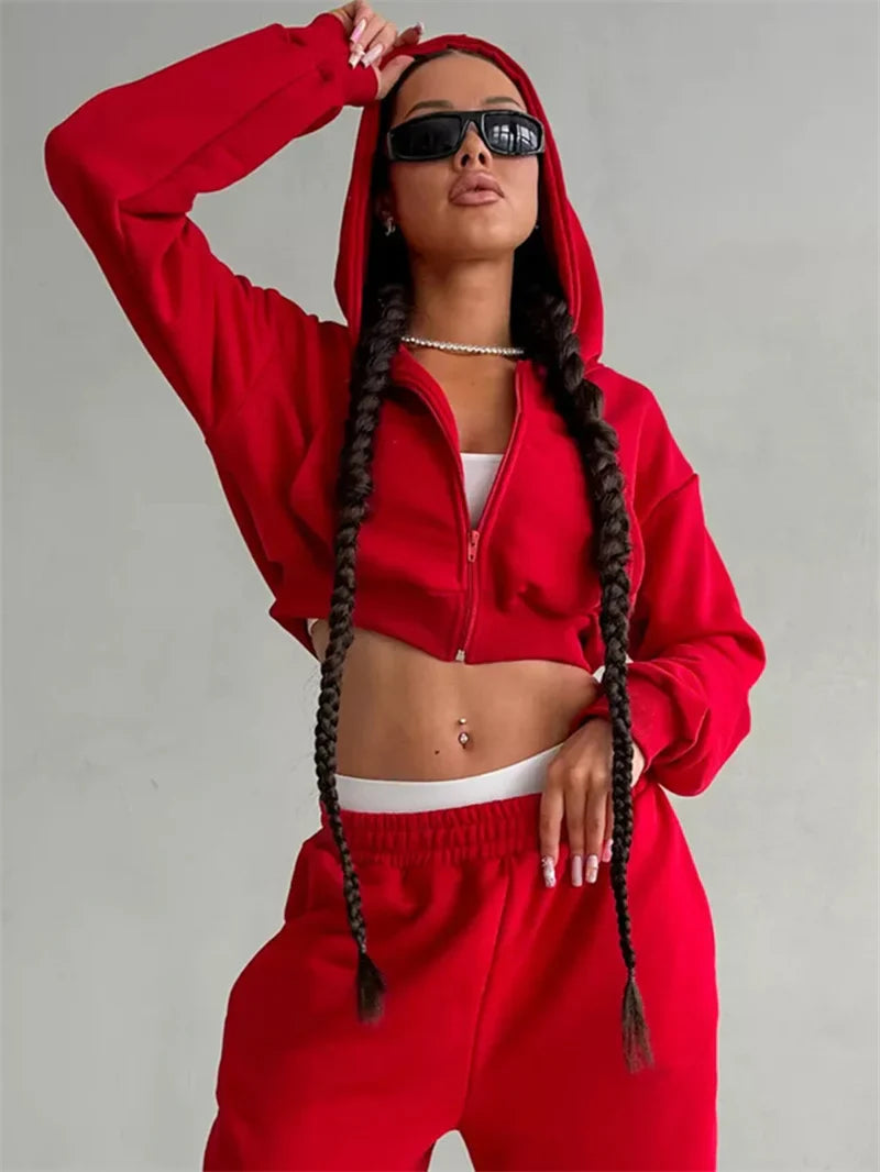 Women's Two-Piece High-waist Casual Hoodie/Trousers Set