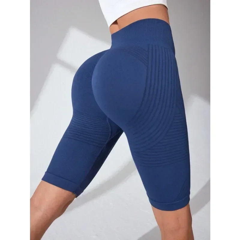 Women‘s Seamless Yoga Shorts High Waisted Striped Slim Shorts Sexy Butt Lifting Gym Training High Elastic Five Point Pants