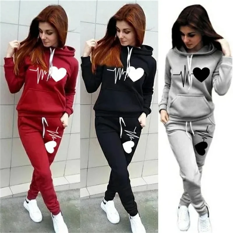 Women's Heart Print Plus Size Hoodie & Sweatpants Set