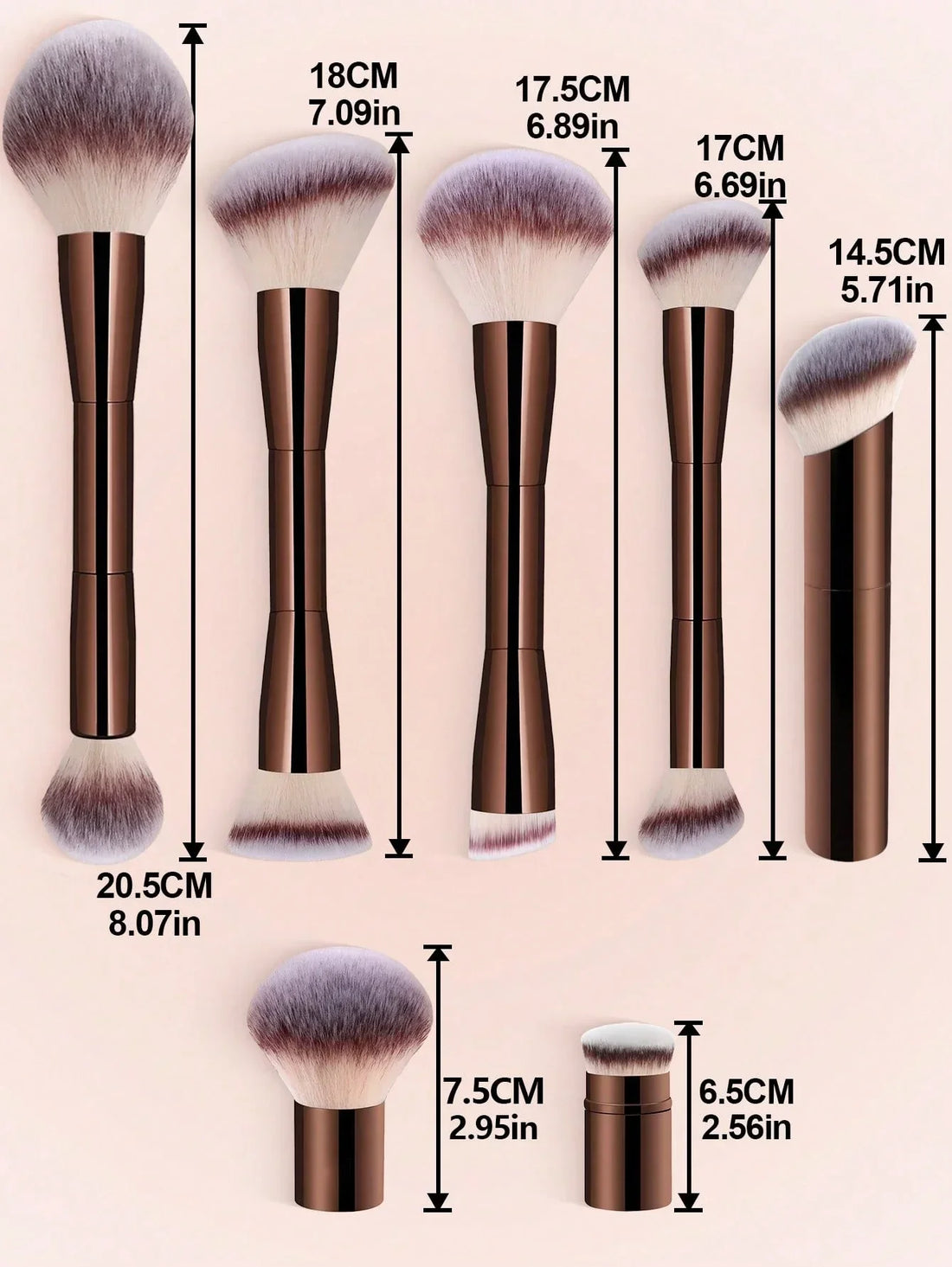 7pcs Professional Makeup Brush Set, Includes: 4pcs Dual-Ended Face Brushes, 1pc Angled Brush, 1pc Short Handle Foundation Brush,