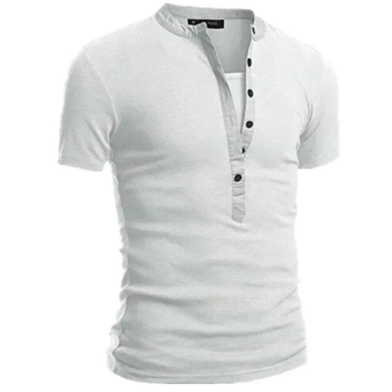 Men's Summer Casual Solid V-neck Button Slim Fit T-Shirts